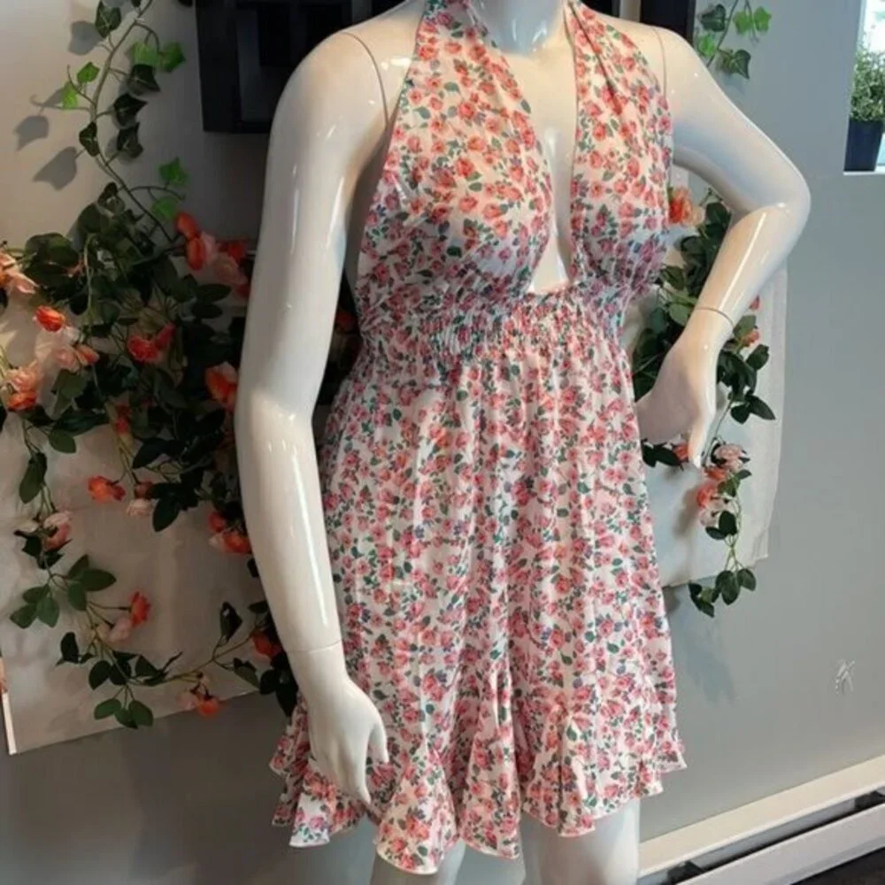 Cupshe Floral Cut Out Halter Skater Ditsy Print Backless Tie A-Shape dress Large